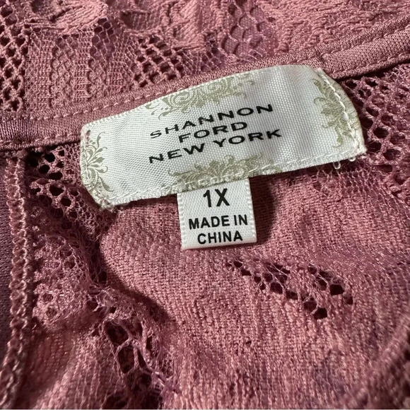Shannon Ford 1X Shirt Top Pink Floral Flower Lace Short Sleeve Scoop Neck Sheer - Picture 7 of 9